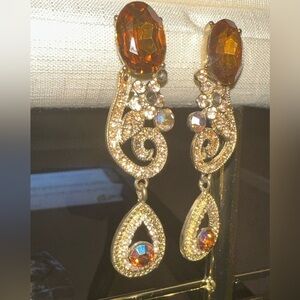3 1/4” statement copper rhinestone pierced earrings with goldplate setting.